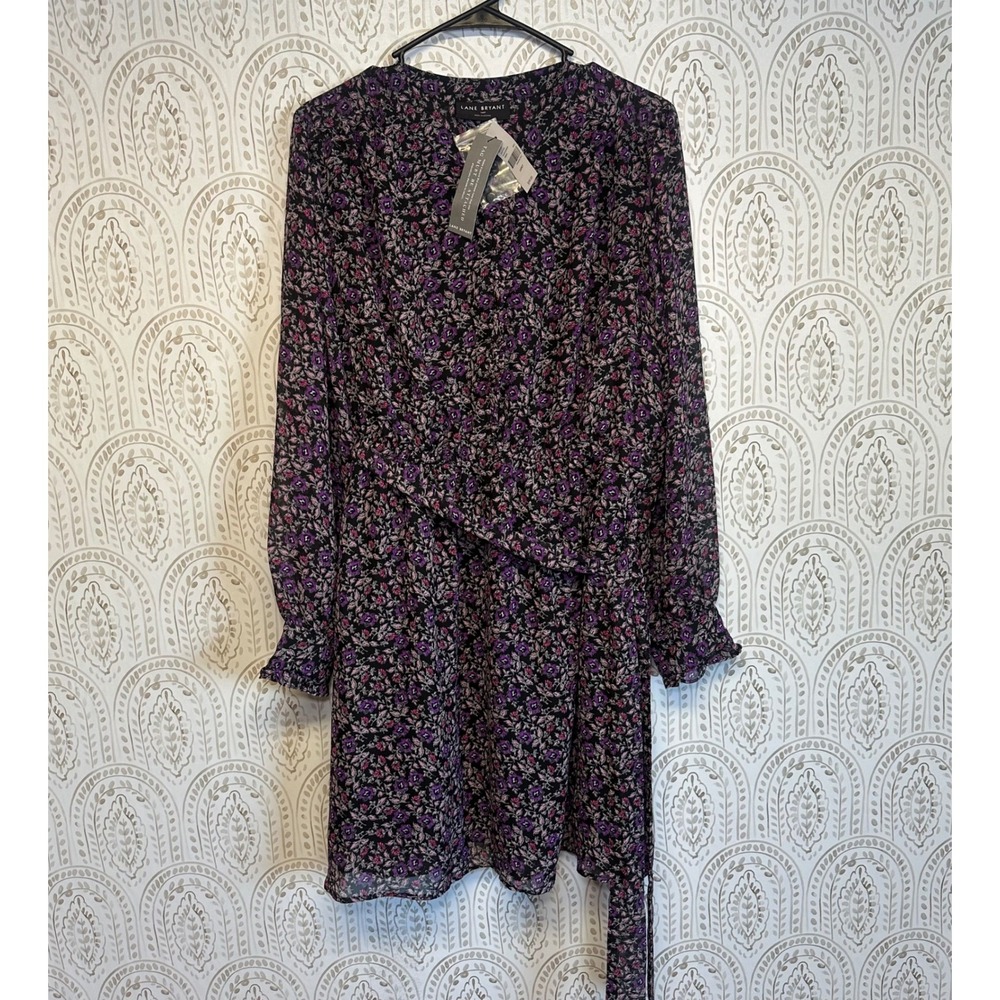 Lane Bryant Women's Black Purple Floral Print Sheer Sleeve Tie Waist Dress 14PET
